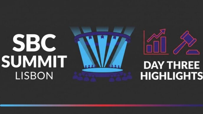 SBC Summit Lisbon day three highlights graphic with stage, chart, and gavel icons